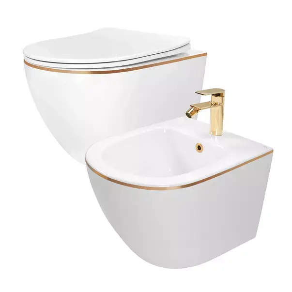 Set vas WC suspendat Rea Carlo alb - auriu cu capac softclose si bideu alb [1]