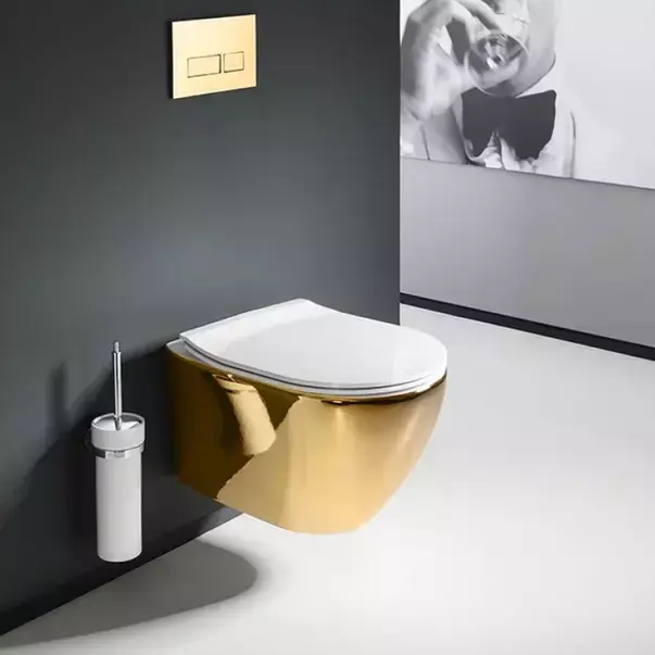 Set vas WC suspendat Rea Carlo auriu cu capac softclose alb si bideu alb [2]