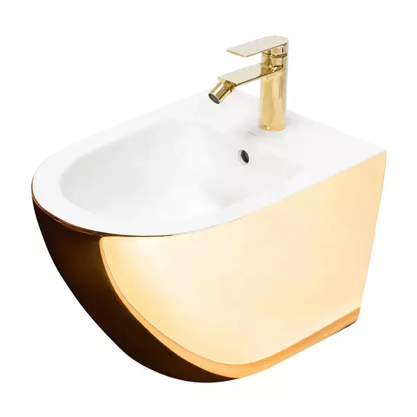 Set vas WC suspendat Rea Carlo auriu cu capac softclose alb si bideu alb [6]