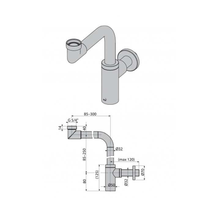 Sifon lavoar Alcaplast, metal. pentru economie de spatiu, crom [5]