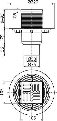 Sifon pardoseală 105×105/50/75 mm ieşire verticală, grătar din oţel inoxidabil, sistem de reţinere a mirosurilor umed APV201 [2]