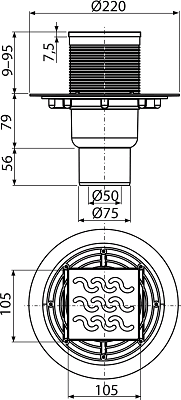 Sifon pardoseală 105×105/50/75 mm ieşire verticală, grătar din oţel inoxidabil, sistem de reţinere a mirosurilor umed APV202 [2]