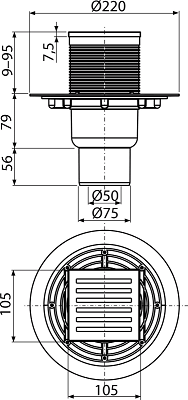 Sifon pardoseală 105×105/50/75 mm ieşire verticală, grătar din oţel inoxidabil, sistem de reţinere a mirosurilor umed APV203 [2]