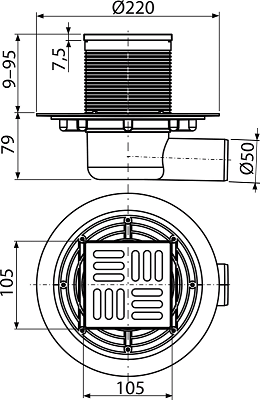 Sifon pardoseală 105×105/50 mm ieşire laterală, grătar din oţel inoxidabil, sistem de reţinere a mirosurilor umed APV101 [2]