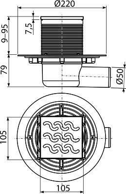 Sifon pardoseală 105×105/50 mm ieşire laterală, grătar din oţel inoxidabil, sistem de reţinere a mirosurilor umed APV102 [2]