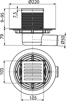 Sifon pardoseală 105×105/50 mm ieşire laterală, grătar din oţel inoxidabil, sistem de reţinere a mirosurilor umed APV103 [2]