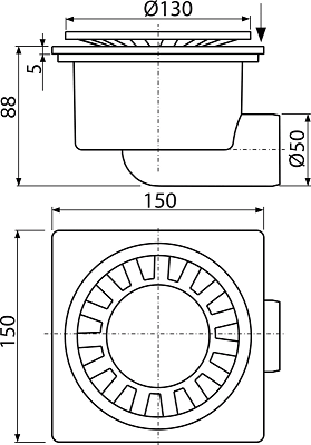 Sifon pardoseală 150×150/50 mm ieşire laterală, grătar de plastic alb, sistem de reţinere a mirosurilor umed APV15 [2]
