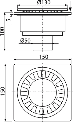 Sifon pardoseală 150×150/50 mm ieşire verticală, grătar de plastic gri, sistem de reţinere a mirosurilor umed APV16 [2]