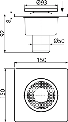 Sifon pardoseală 150×150/50 mm ieşire verticală, grătar de plastic gri, sistem de reţinere a mirosurilor umed APV4 [2]