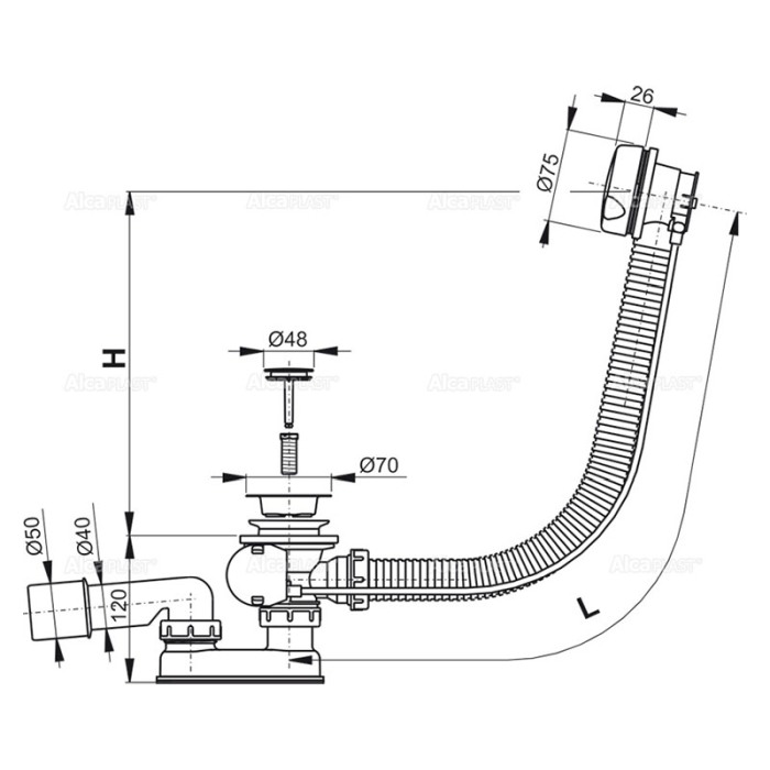 Sifon pentru cada automat, AlcaPlast, ventil cu preaplin, alb [2]