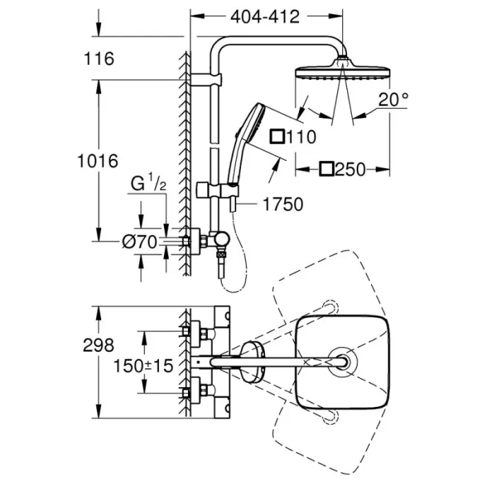 Sistem de dus Grohe 266892431 Tempeste Cube 250, aparent, termostat, 250 mm, 1 functie, negru mat [2]