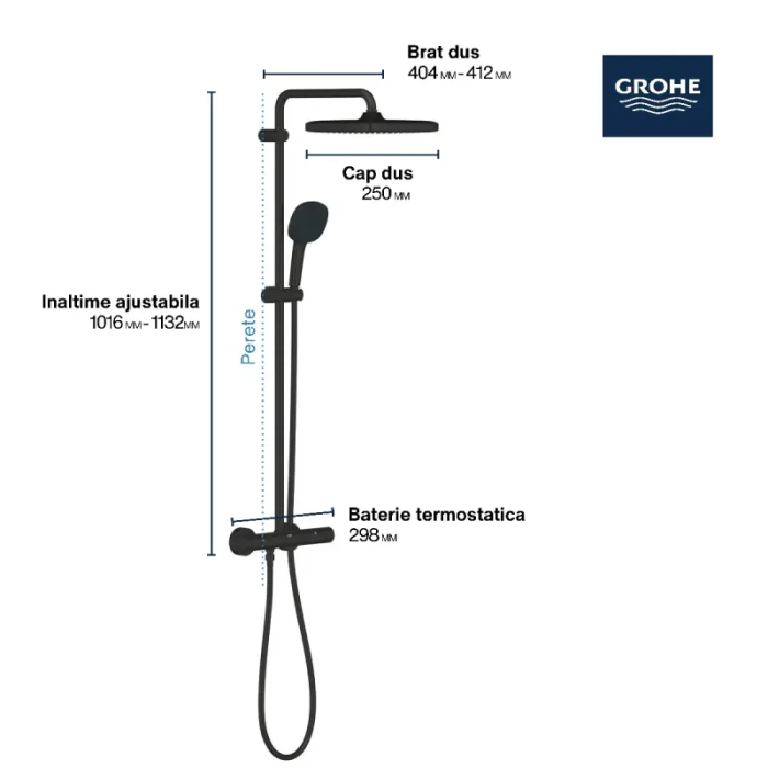 Sistem de dus Grohe 266892431 Tempeste Cube 250, aparent, termostat, 250 mm, 1 functie, negru mat [3]