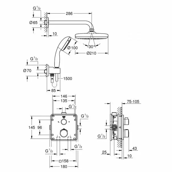Sistem de dus Grohe Grohtherm Tempesta 210 incastrat cu baterie patrata [2]