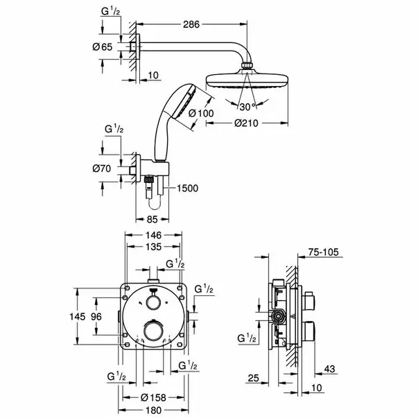Sistem de dus Grohe Grohtherm Tempesta 210 incastrat cu baterie rotunda [2]