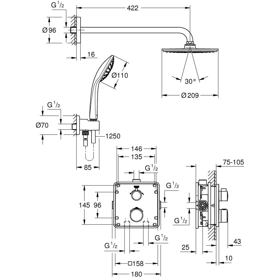 Sistem dus incastrat cu termostat Grohe Grohtherm Cosmopolitan 210, baterie patrata [3]