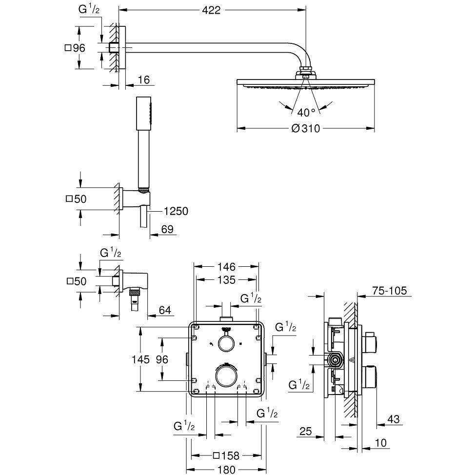 Sistem dus incastrat cu termostat Grohe Grohtherm Cosmopolitan 310, baterie patrata [3]