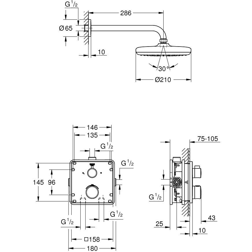 Sistem dus incastrat cu termostat Grohe Grohtherm Perfect Tempesta 210, fara para dus de mana, baterie patrata [2]