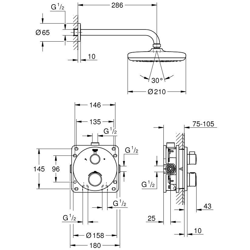 Sistem dus incastrat cu termostat Grohe Grohtherm Perfect Tempesta 210, fara para dus de mana, baterie rotunda [2]