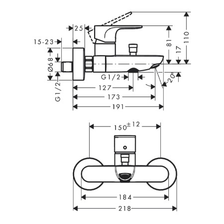 Baterie cada-dus, Hansgrohe, Rebris S, crom [1]
