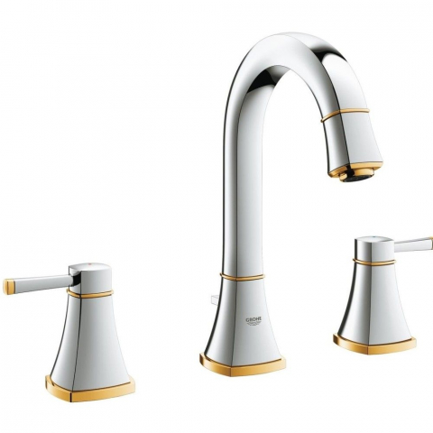 Baterii baie - Baterie chiuveta baie Grohe Grandera, dubla comanda, cu 3 gauri, H18 cm, manere aurii