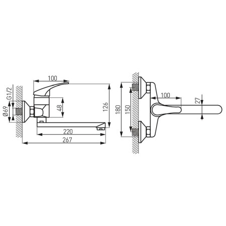 Baterie lavoar, Ferro, Basic, cu montaj pe perete, pipa de 22 cm, crom [1]