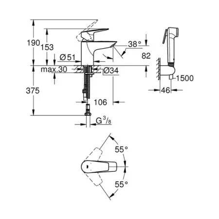 Baterie lavoar Grohe BauEdge New S cu dus igienic crom [1]