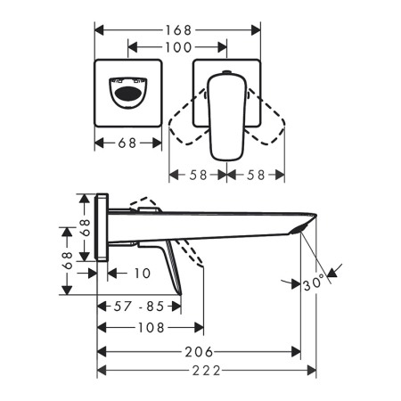 Baterie lavoar, Hansgrohe, Logis, cu montaj pe perete, cu pipa 20,6 cm si ventil, negru mat [1]
