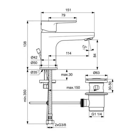 Baterie lavoar Ideal Standard Cerafine O H80 crom lucios cu ventil metalic [5]