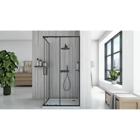 Cabina de dus dreptunghiulara cu usi glisante negru Rea City 80x100 cm si cadita alba [3]