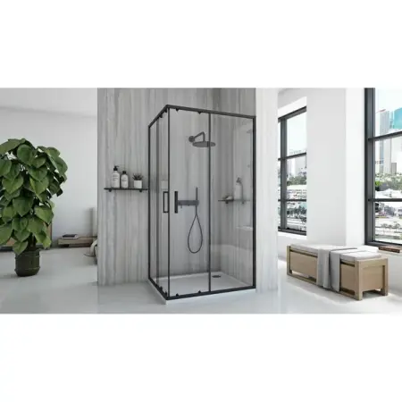 Cabina de dus dreptunghiulara cu usi glisante negru Rea City 80x100 cm si cadita alba [2]