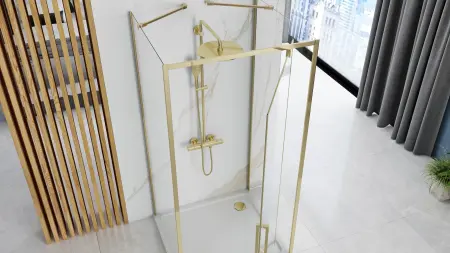Cabina de dus patrata cu usa batanta si 2 pereti ficsi Rea Rapid Swing 100×100 auriu [2]