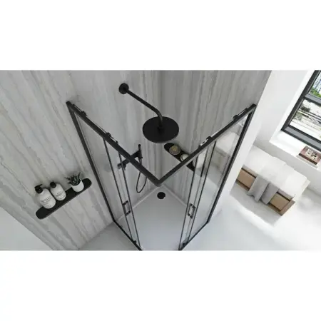 Cabina de dus patrata cu usi glisante negru Rea City 80x80 cm si cadita neagra [3]