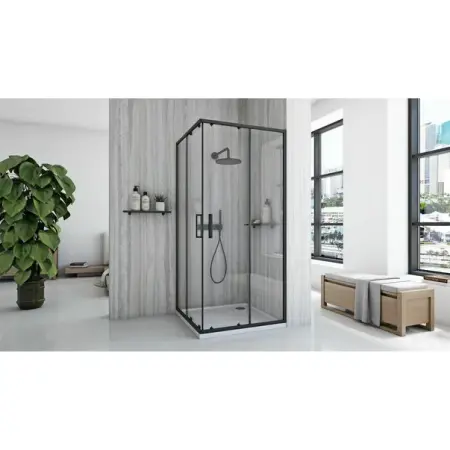 Cabina de dus patrata cu usi glisante negru Rea City 80x80 cm si cadita neagra [2]