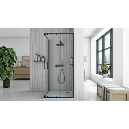 Cabina de dus patrata cu usi glisante negru Rea City 80x80 cm si cadita neagra [4]
