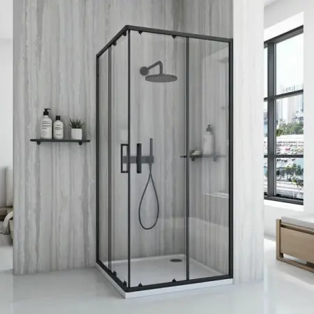 Cabina de dus patrata cu usi glisante negru Rea City 90x90 cm si cadita alba [1]