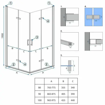 Cabina de dus patrata cu usi pliabile Rea Molier 100x100 crom [3]