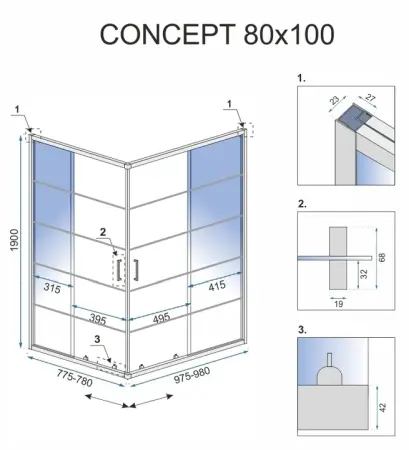 Cabina dus cu cadita de dus dreptunghiulara cu usi culisante Rea Concept 80x100 negru mat [4]