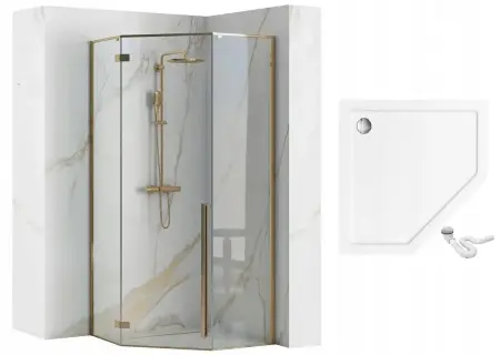 Cabina dus cu cadita de dus pentagonala cu usa batanta Rea Diamond 90x90 auriu - alb [5]