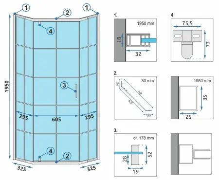 Cabina dus cu cadita de dus pentagonala Rea Hex cu usa batanta 80x80 negru - alb [3]