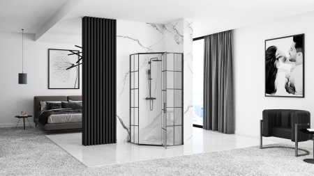 Cabina dus cu cadita de dus pentagonala Rea Hex cu usa batanta 90x90 negru - alb [2]