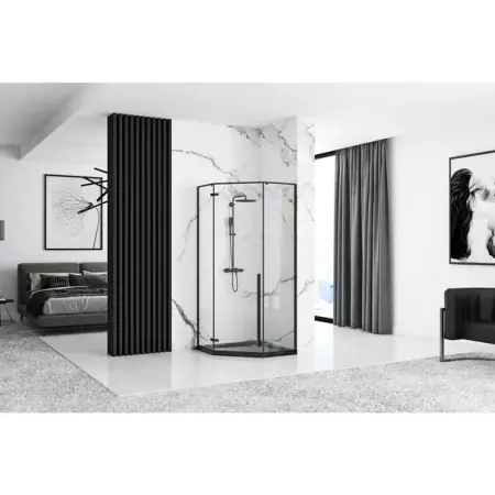 Cabina dus cu cadita pentagonala Rea Diamond negru cu usa batanta 90x90 alb [2]