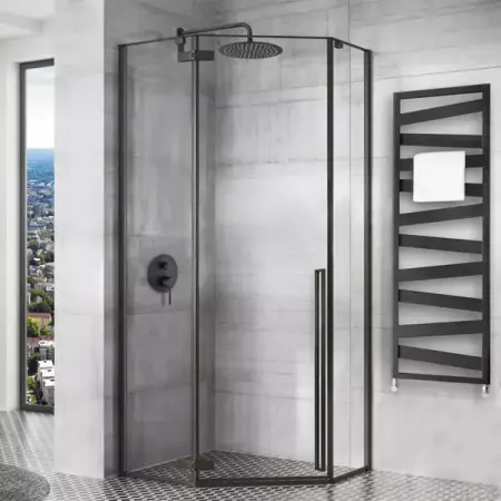 Cabina dus cu cadita pentagonala Rea Diamond negru cu usa batanta 90x90 alb [7]