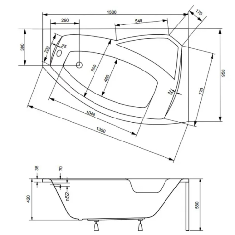 Cada asimetrica Besco Rima 150x95 cm montaj dreapta [1]