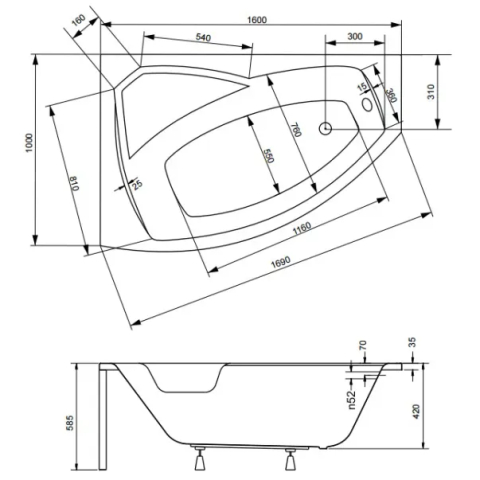 Cada asimetrica Besco Rima 160x100 cm montaj stanga [2]
