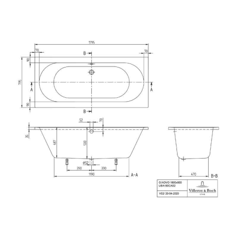 Cadă dreptunghiulară Villeroy & Boch O.Novo 180 x 80 cm, acril, alb [6]