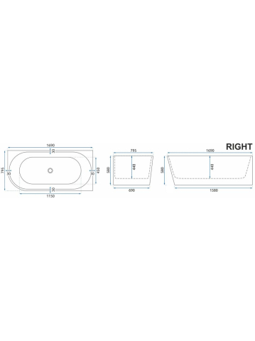Cada freestanding cu ventil negru Rea SYDNEY BELLANTO dreapta 170 cm alb [9]
