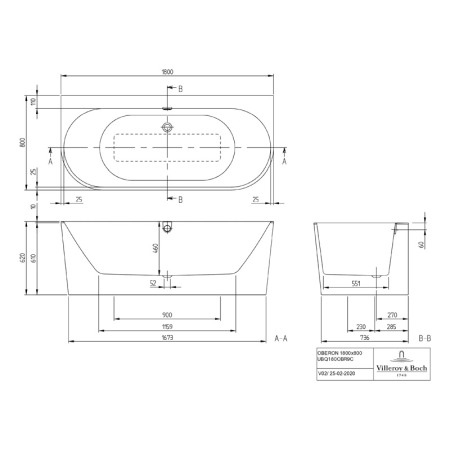 Cada freestanding, Villeroy & Boch, Oberon 2.0, 180, back-to-wall, cu instalatie completa, alb alpin [1]