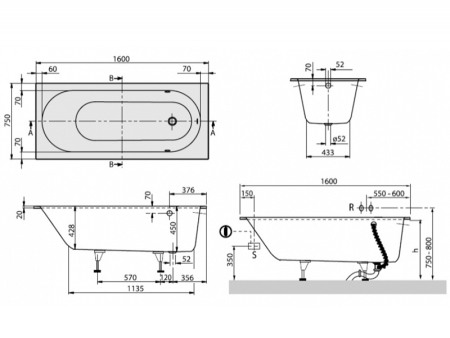 Cada Villeroy &amp; Boch, Oberon, pentru inzidire, dreptunghiulara, 160 x 75 cm, alb alpin [1]