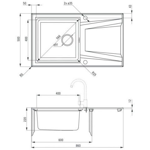 Chiuveta Deante Prime din granit antracit, cu cuva din inox 86x50 cm [1]