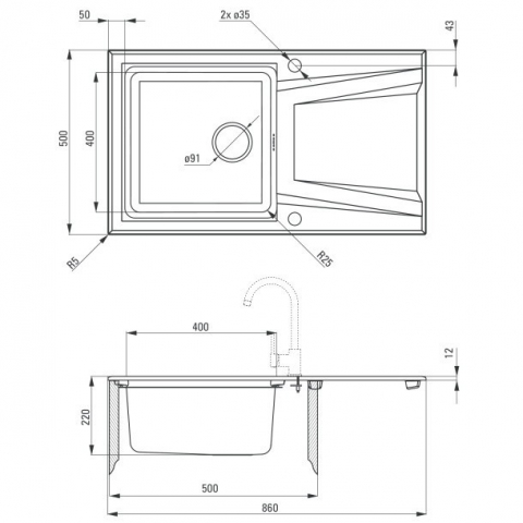 Chiuveta Deante Prime din granit negru, cu cuva din inox 86x50 cm [3]